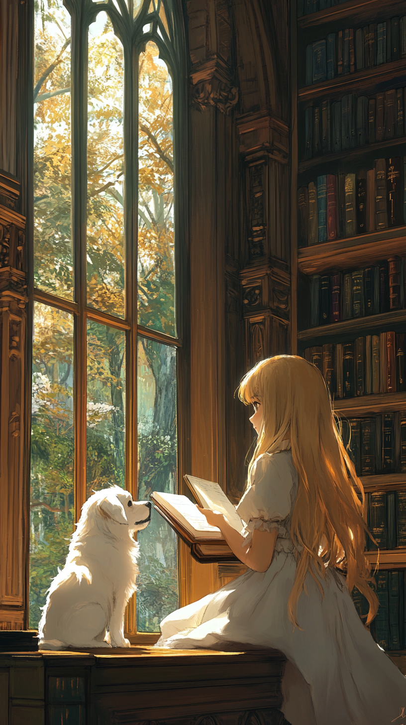 Girl with long golden hair studies in quiet library.