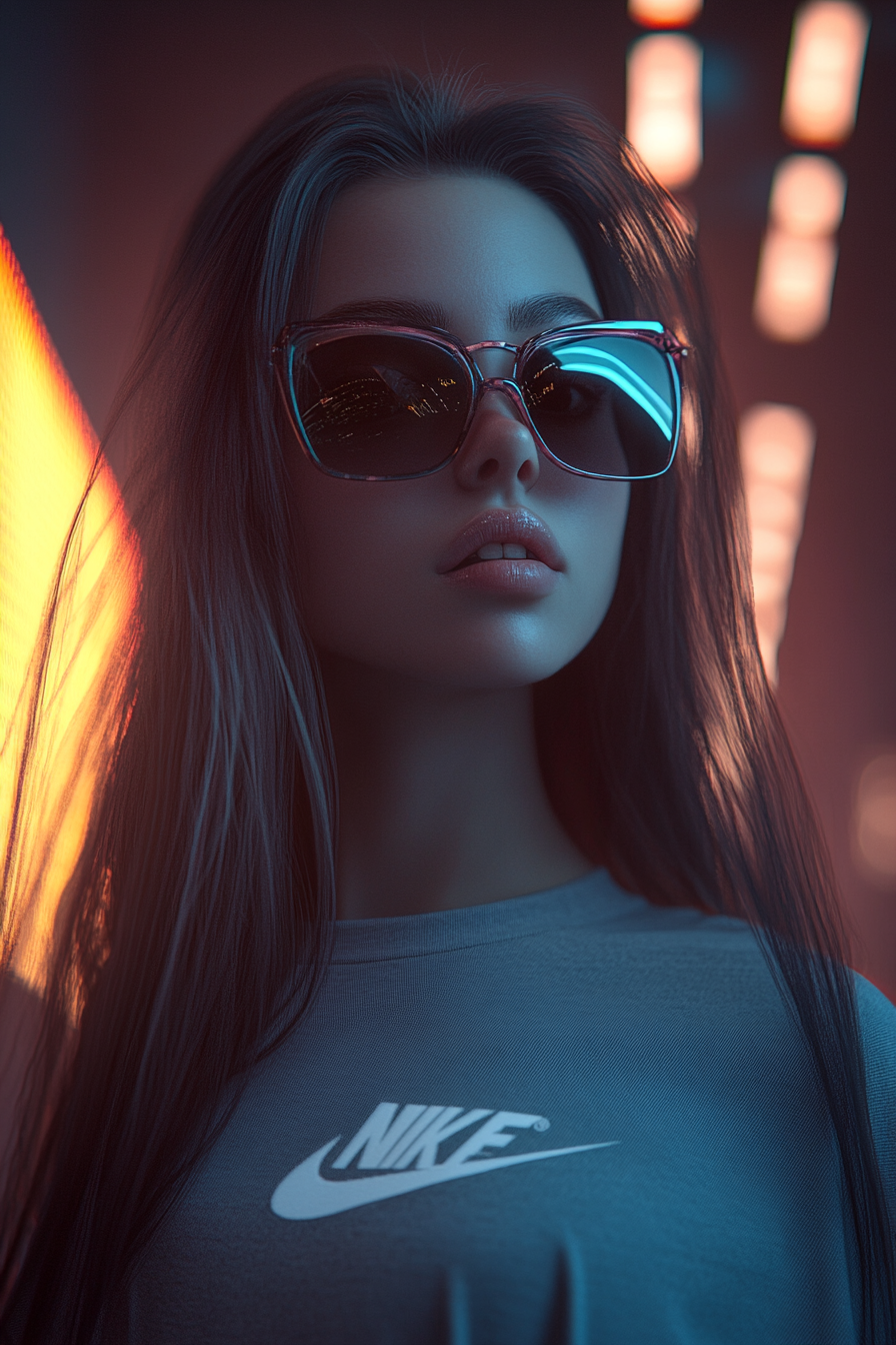 Girl with long hair in Nike sneakers, sunglasses.