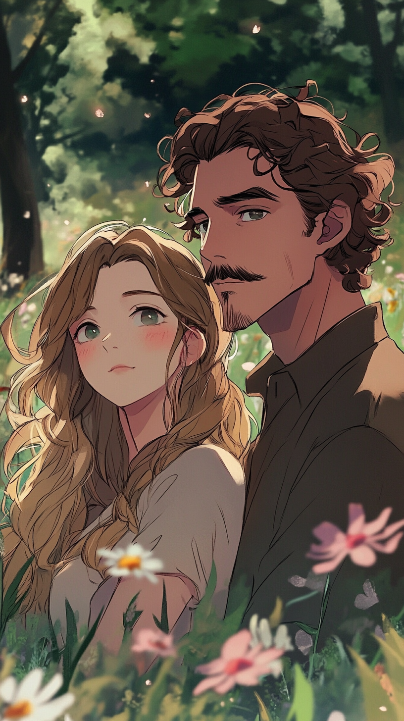 Girl with long wavy hair and man with mustache.