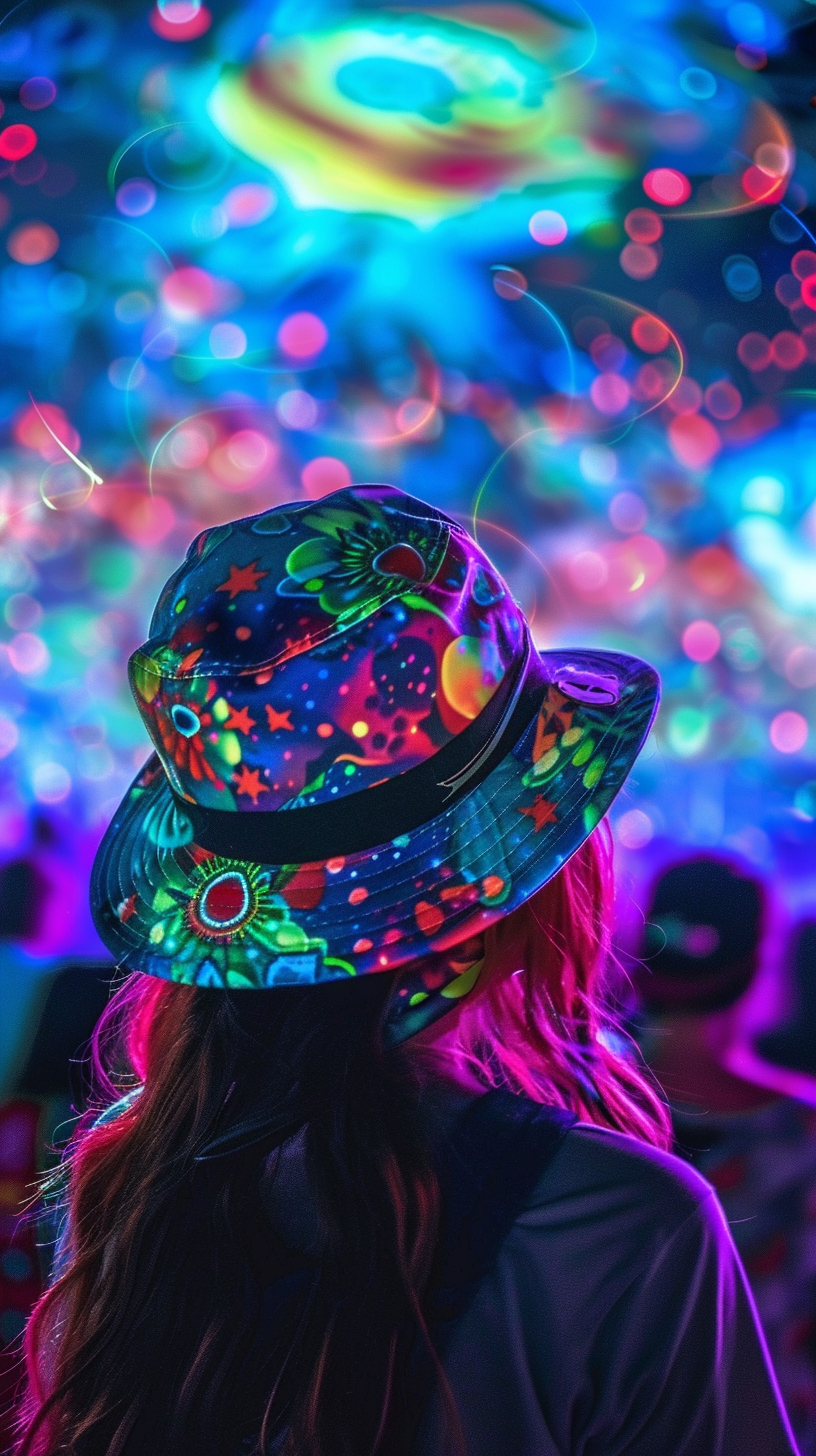 Girl with mask and hat at festival with universe.