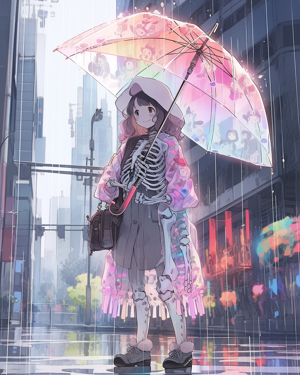 Girl with pastel umbrella anime style urban background city.