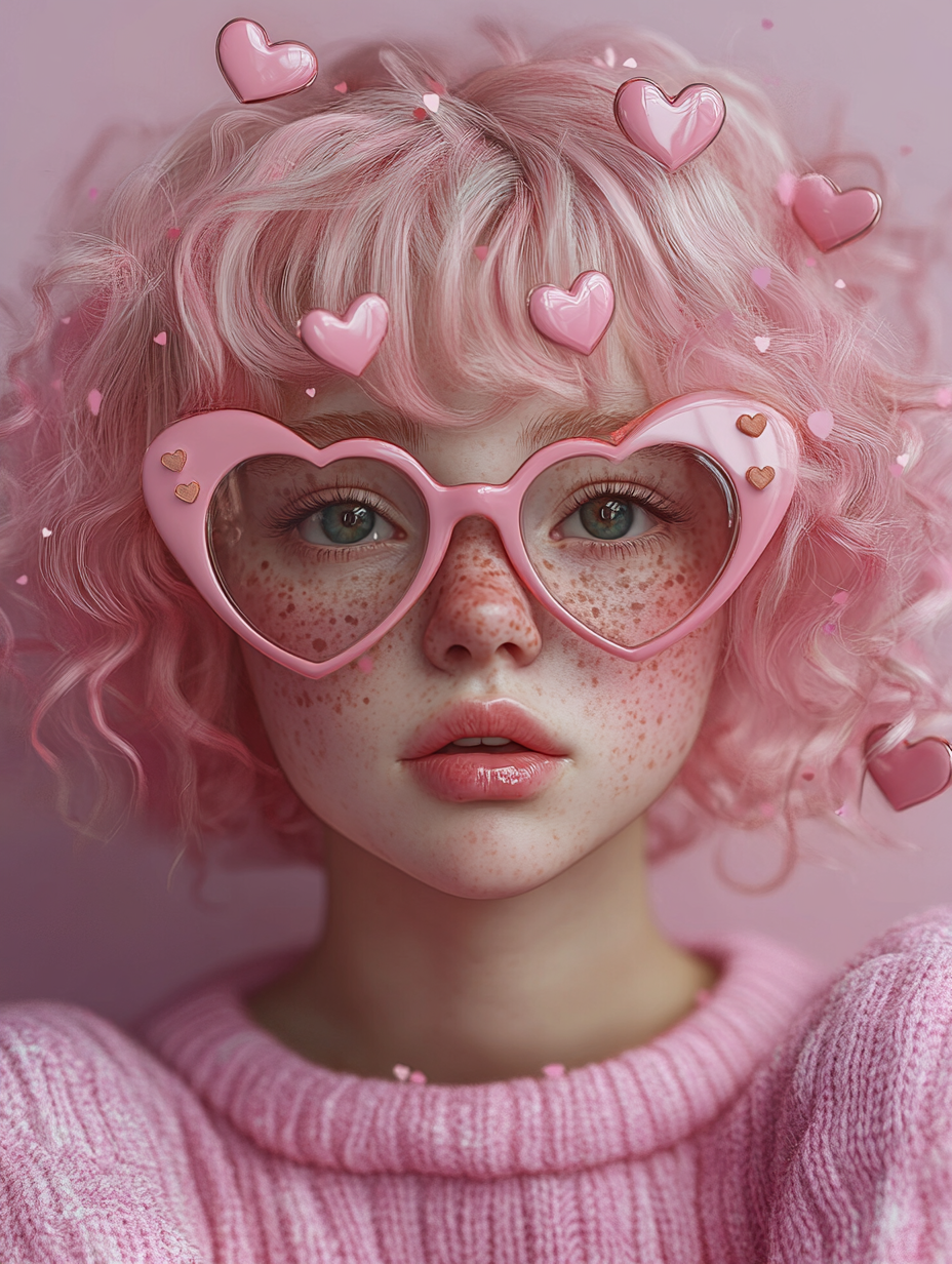 Girl with pink curly hair, heart glasses, soft face.