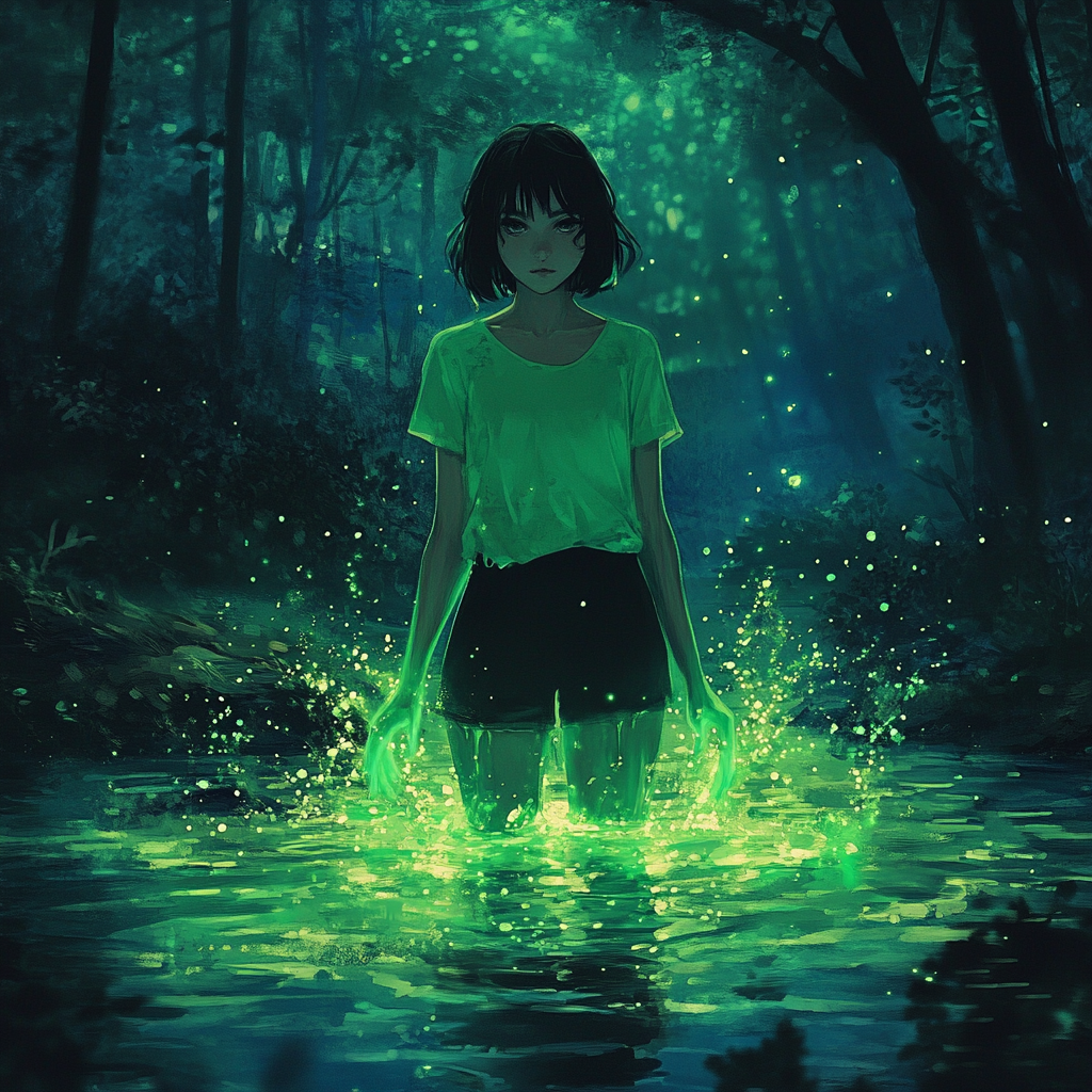 Girl with short black hair in forest river at night.