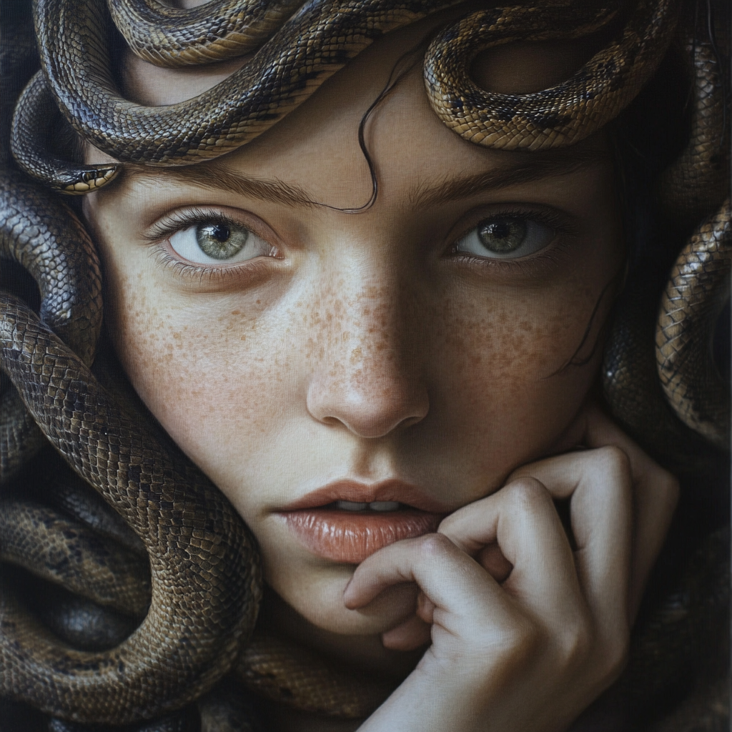 Girl with snake hair, hand under chin, detailed snakes.