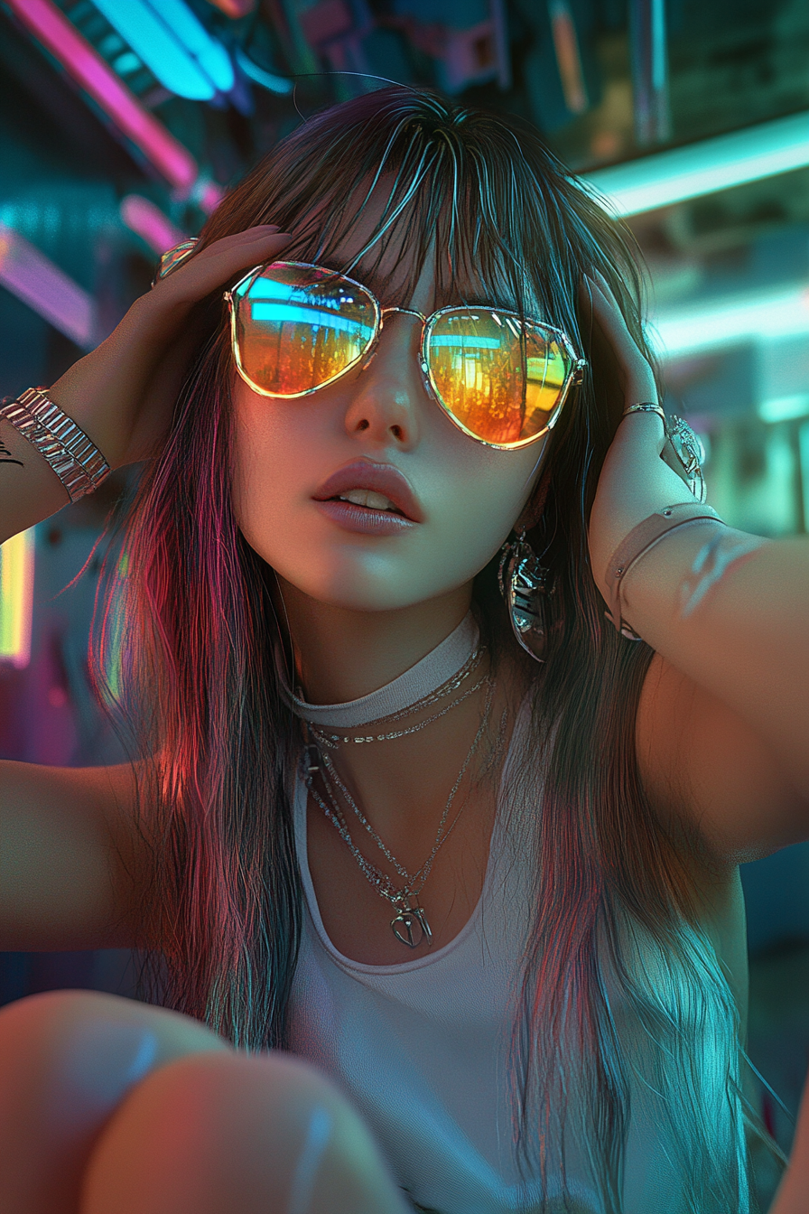 Girl with sunglasses, Nike shoes in surreal anime world.