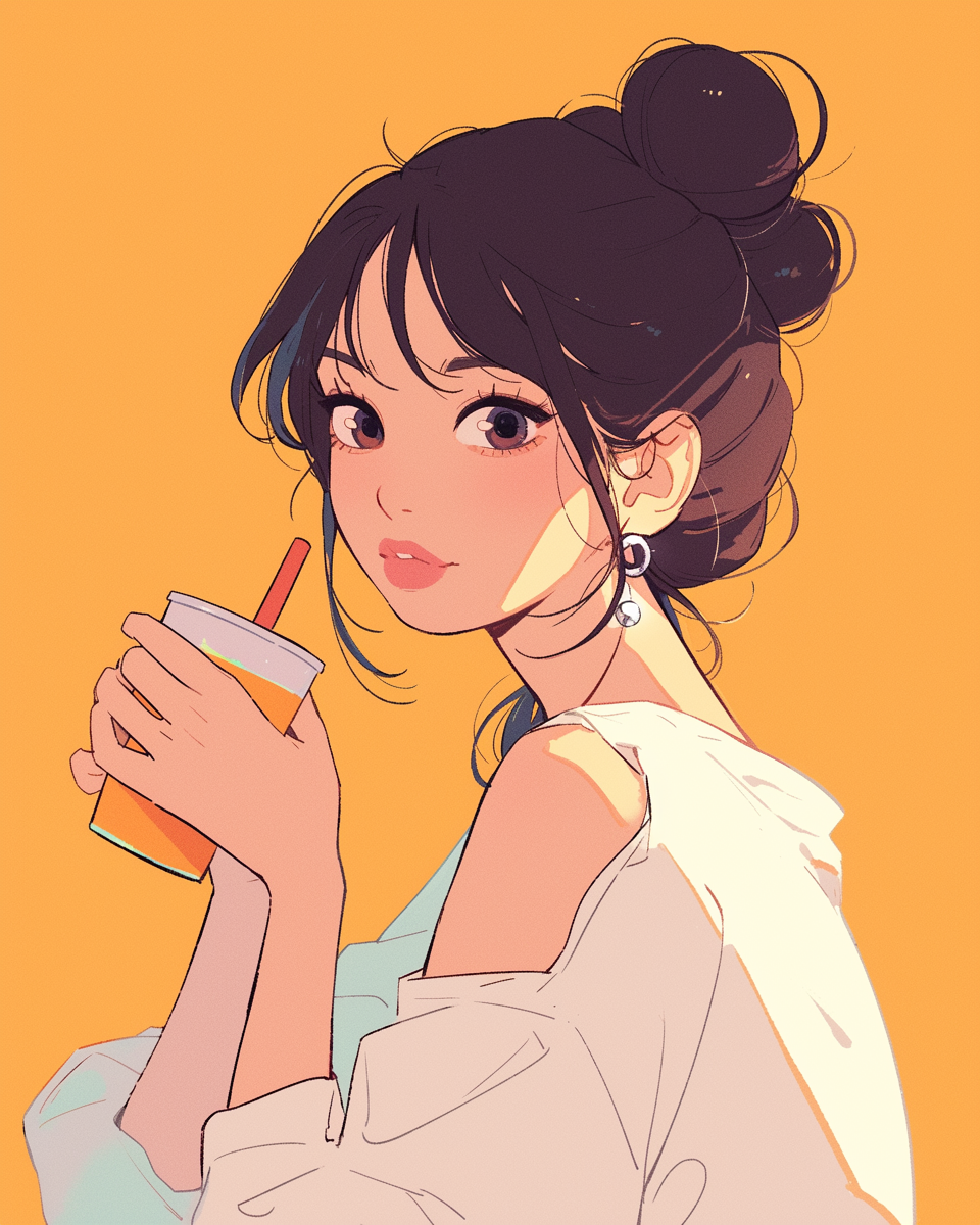 Girl with tea in hands, anime style portrait.