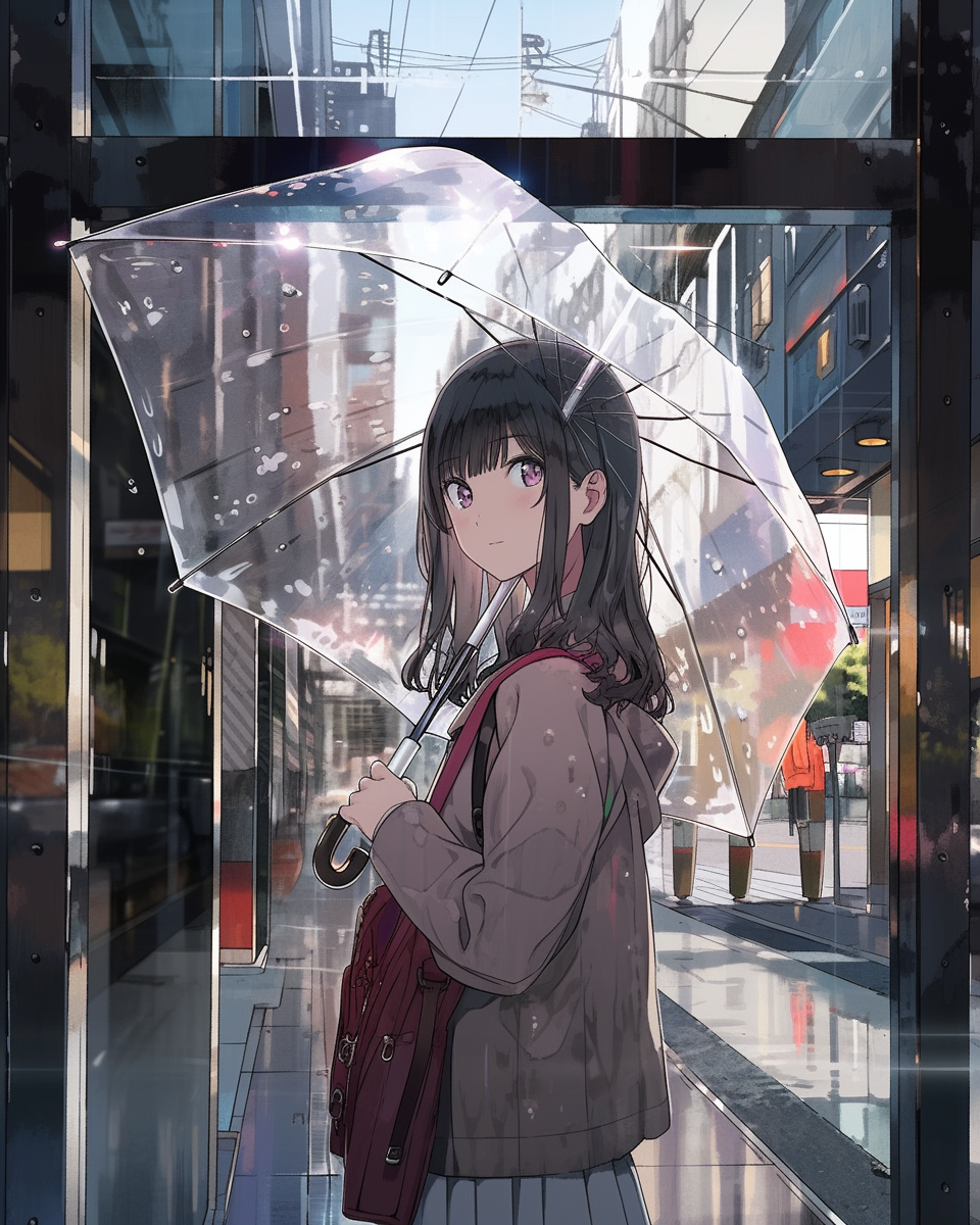 Girl with umbrella in anime style, waiting outside building.