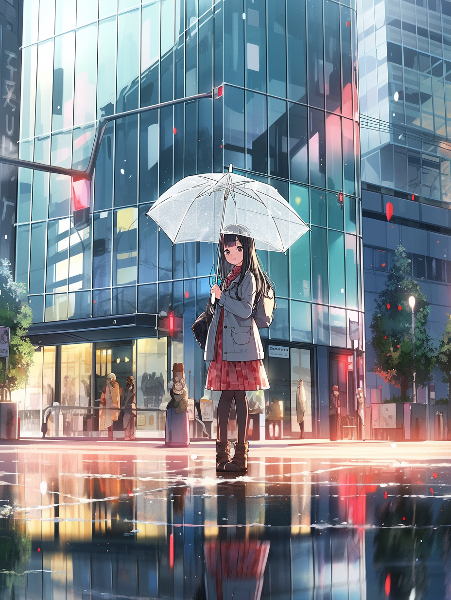 Girl with umbrella in anime style at building entrance.