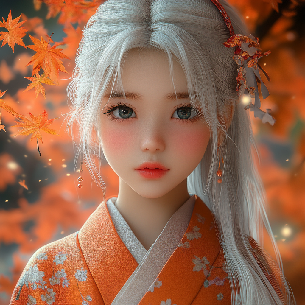 Girl with white hair in Japanese kimono, realistic 3D.