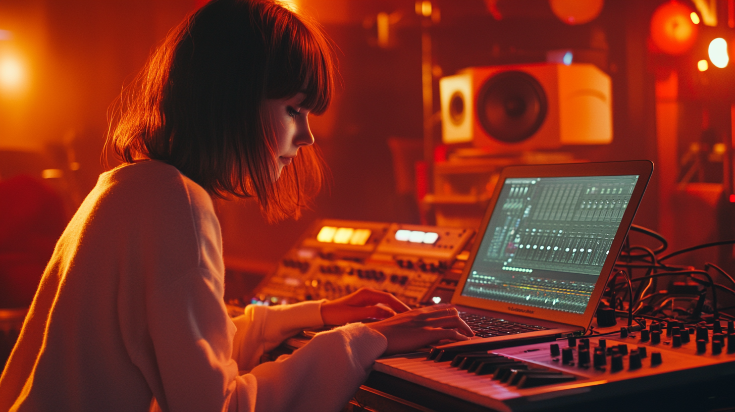 Girl working on laptop with audio program, cinematic lighting.