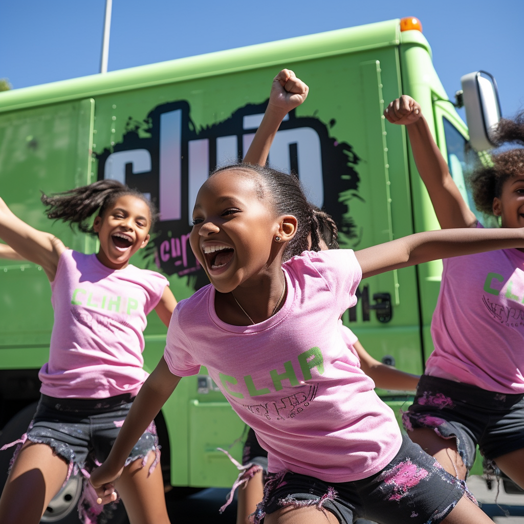 Girls jumping rope near clean Ecilimp sanitation truck. Sunny.