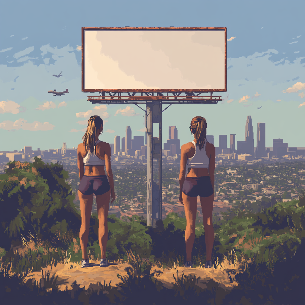 Girls working out in LA with blank billboard