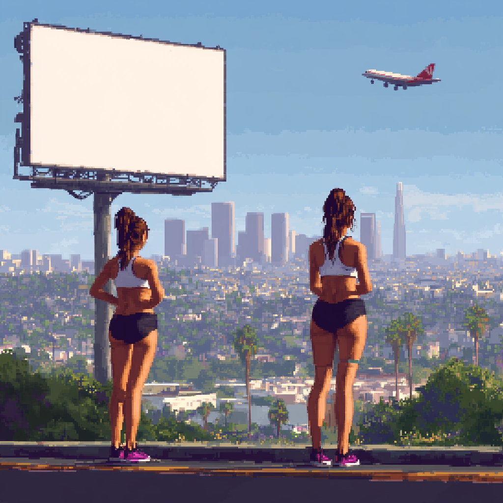 Girls working out with billboard and plane