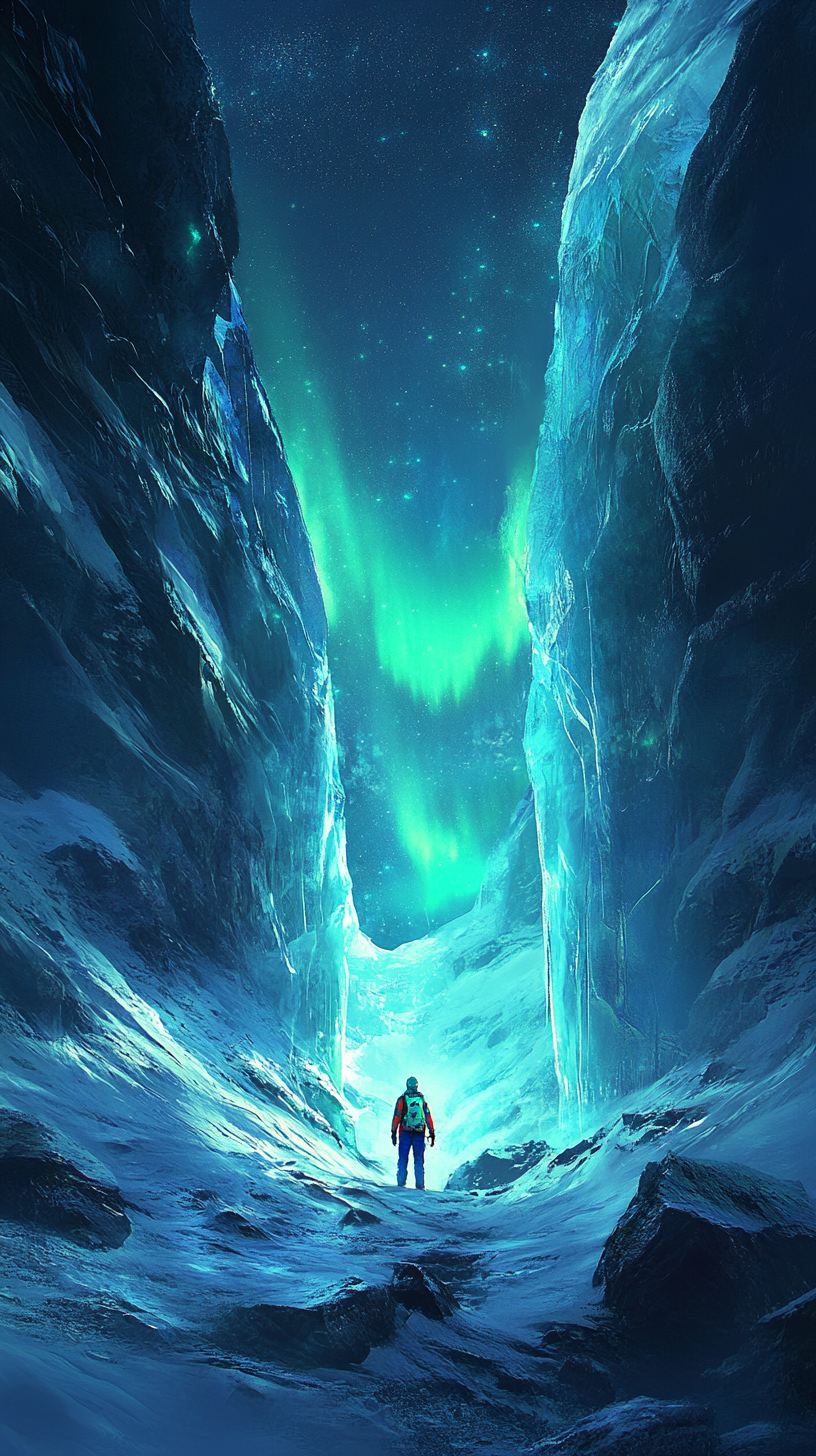 Glacier with ice formations, adventurer near crevasse under northern lights.