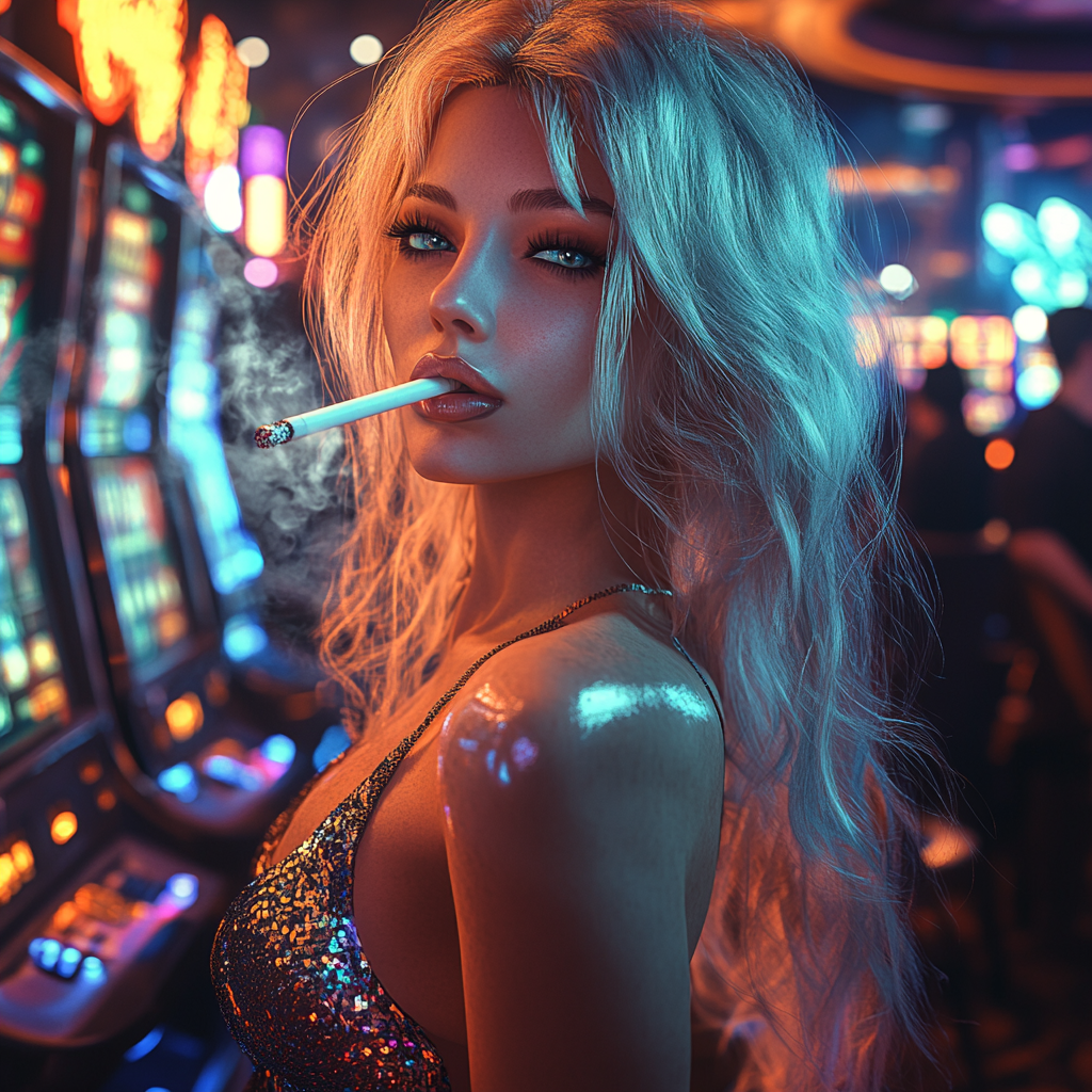 Glamorous 27-Year-Old Woman Smoking in Casino - 8K