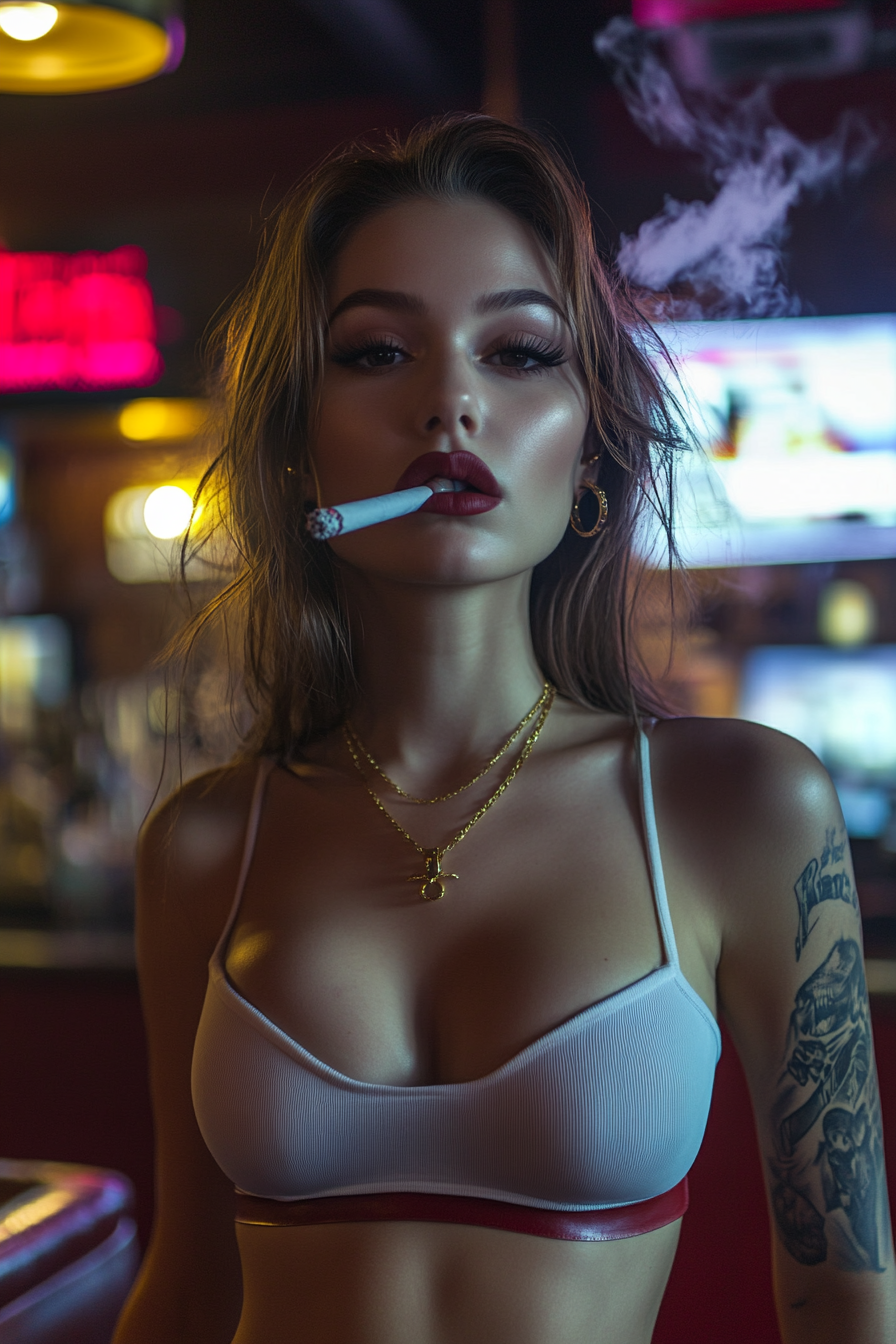 Glamorous Athletic Woman Smoking in Sports Bar