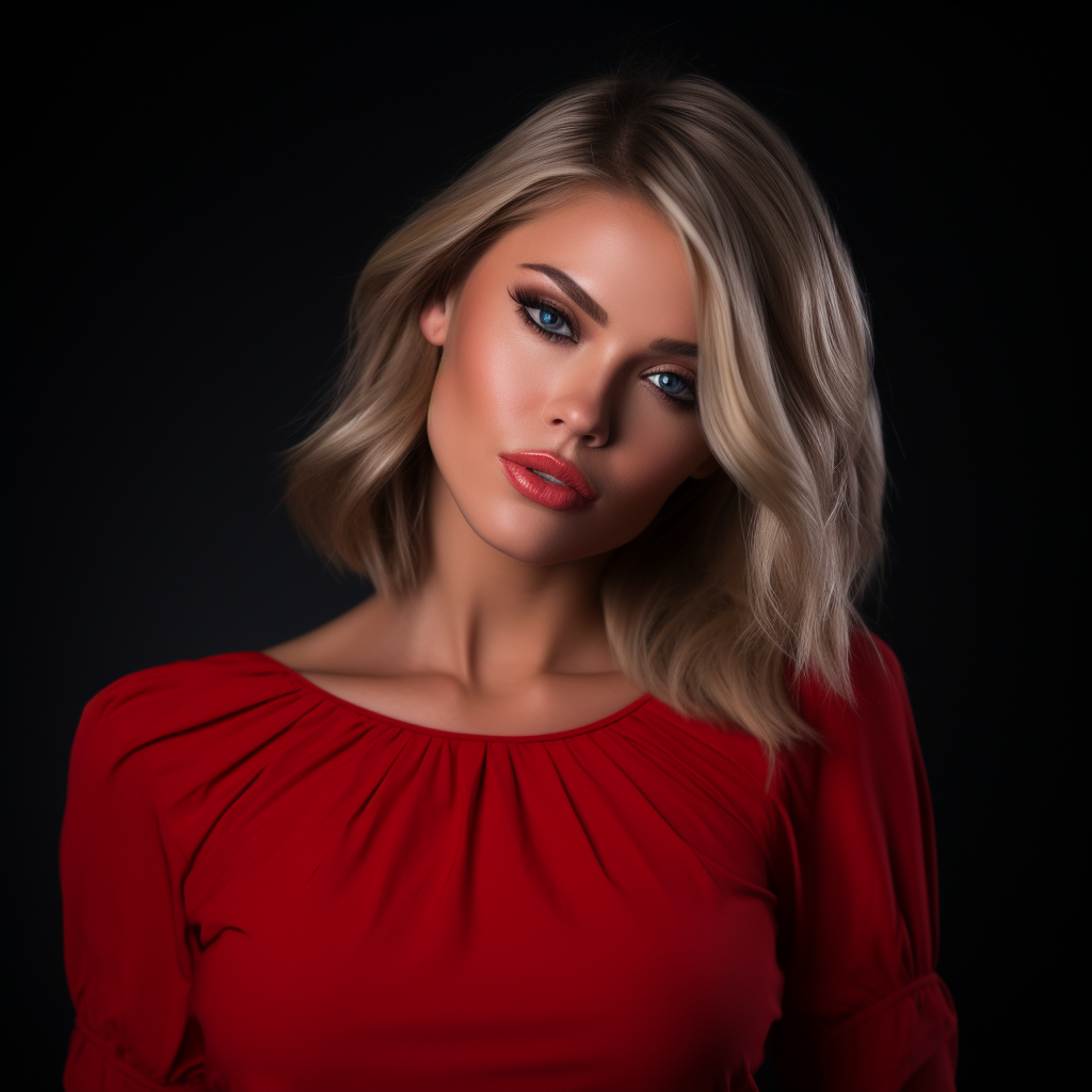 Glamorous Blonde Model in Red Top at Night