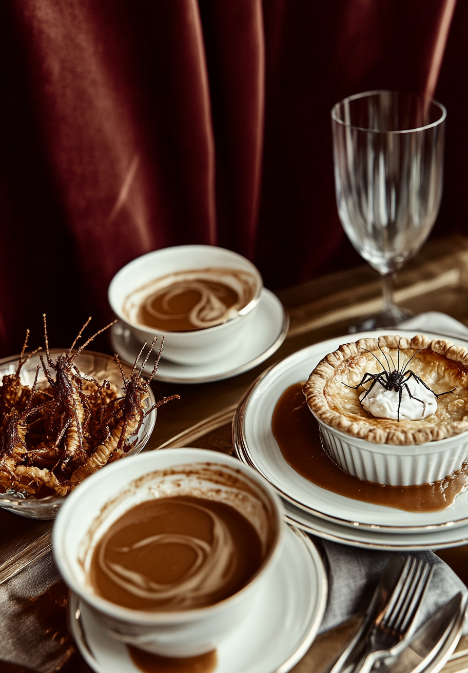 Glamorous restaurant table with spider pie and cockroaches.