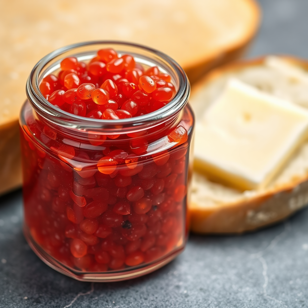 Glass Jar of Red Caviar with Bread