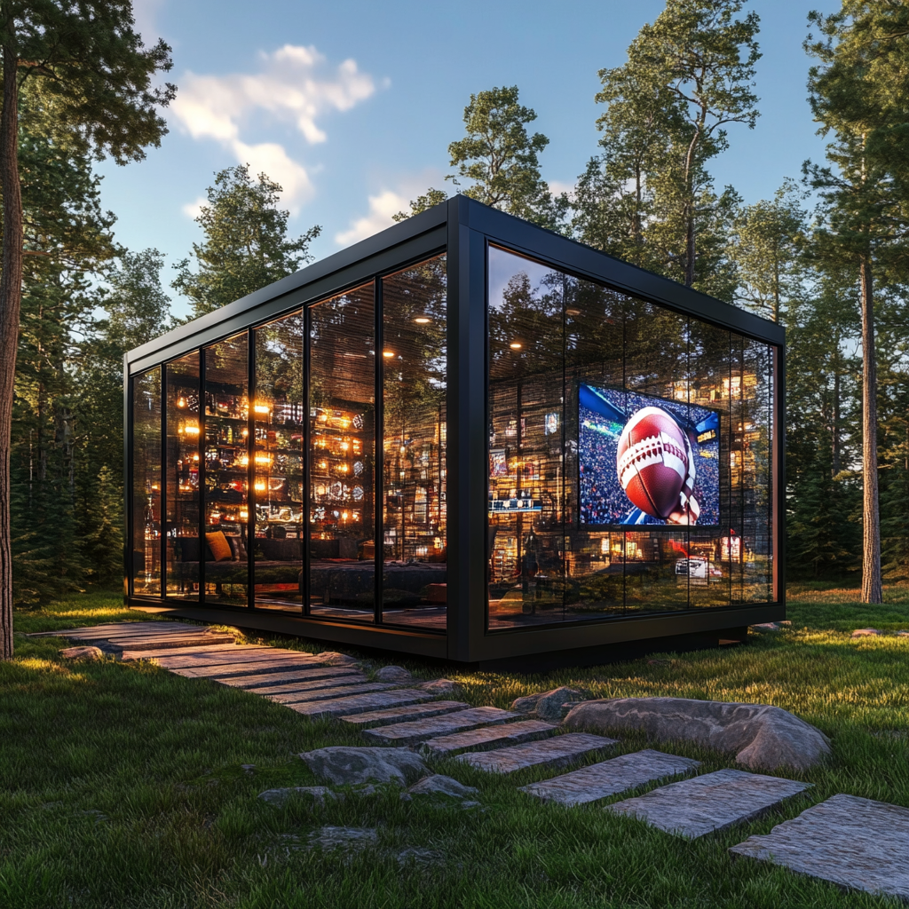 Glass and steel Dallas Cowboy themed man cave pod.