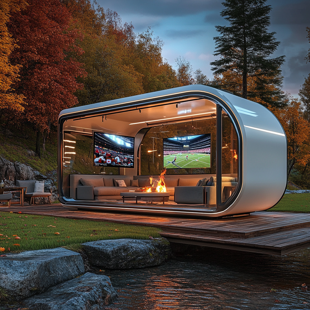 Glass and steel camper pods with Panthers-themed man cave.