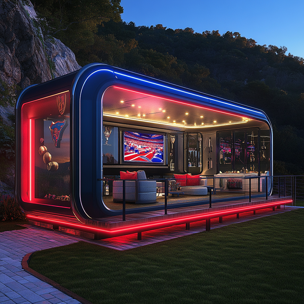 Glass and steel camper pods with trophies, Patriots theme.