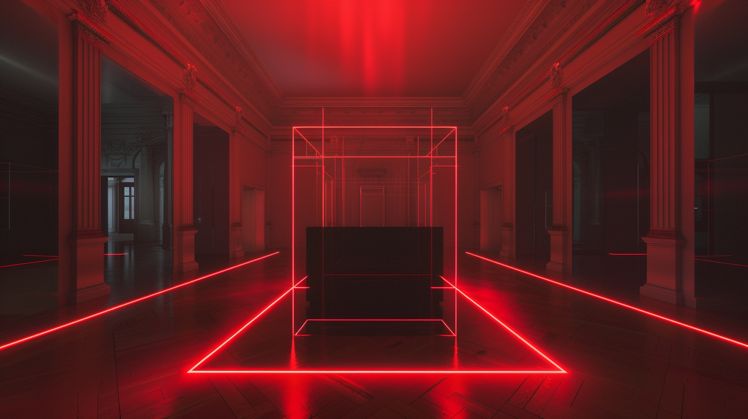 Glass box surrounded by red laser beams in museum.