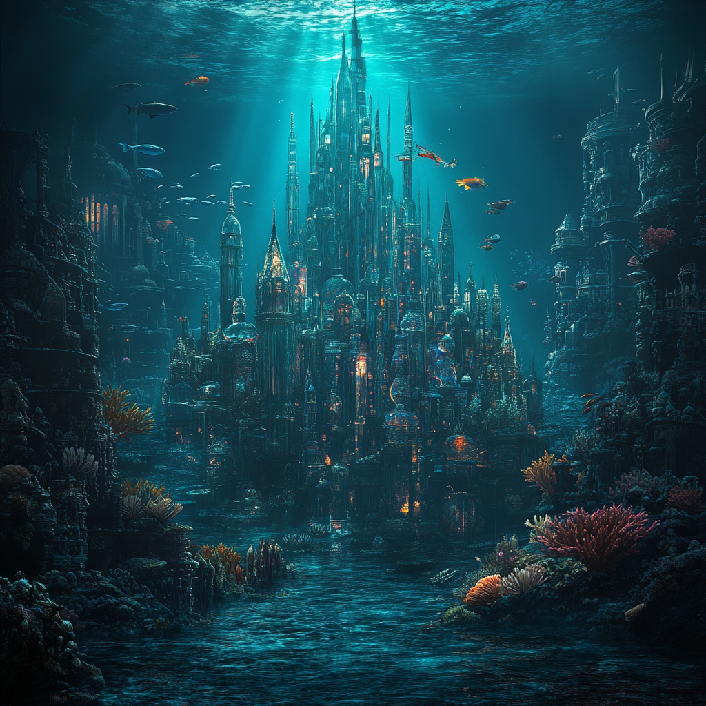 Glass city under sea, central castle made of coral.