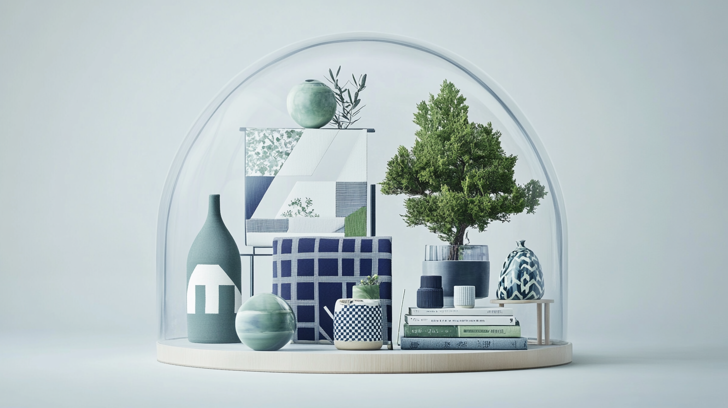 Glass dome showcasing brand elements in Japanese style.