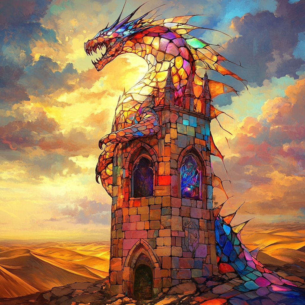 Glass dragon climbs church tower in fantasy art.