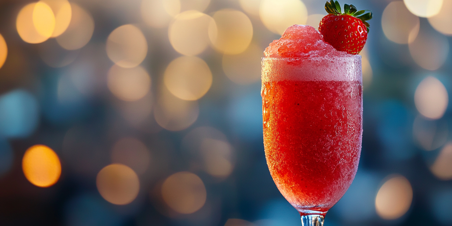 Glass of red cocktail with strawberry on ice.