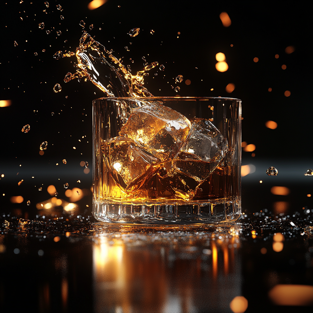 Glass of whiskey on ice with dynamic lighting effects.