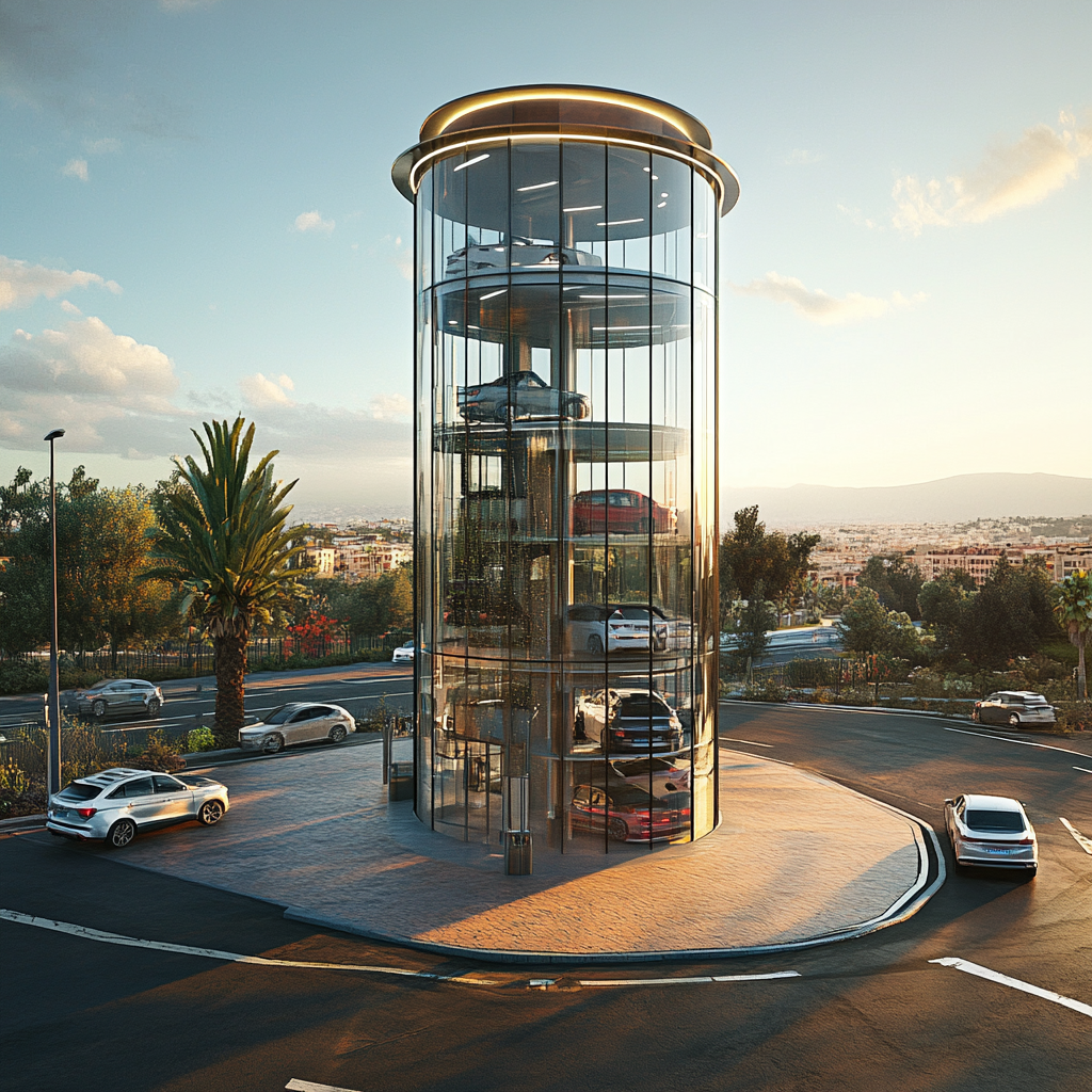 Glass parking house in roundabout in historical city, southern Europe.