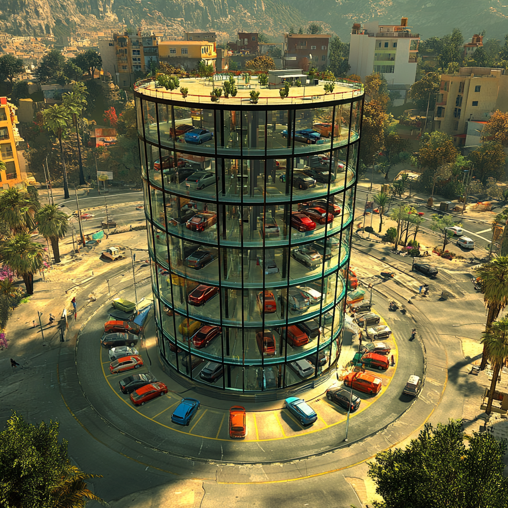 Glass roundabout parking garage in historical city, southern Europe.