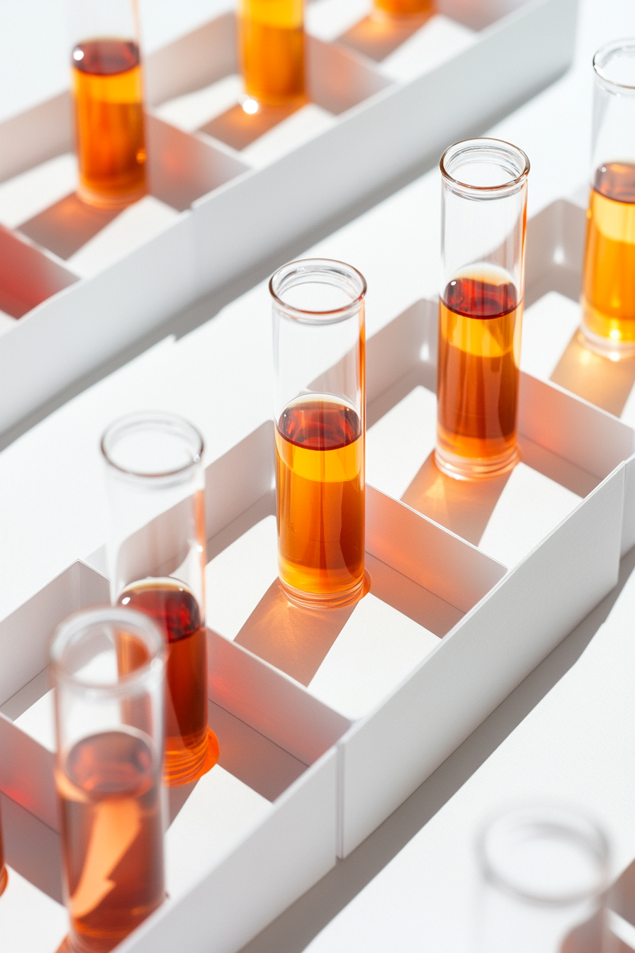 Glass vials with dark liquid and one orange bottle.