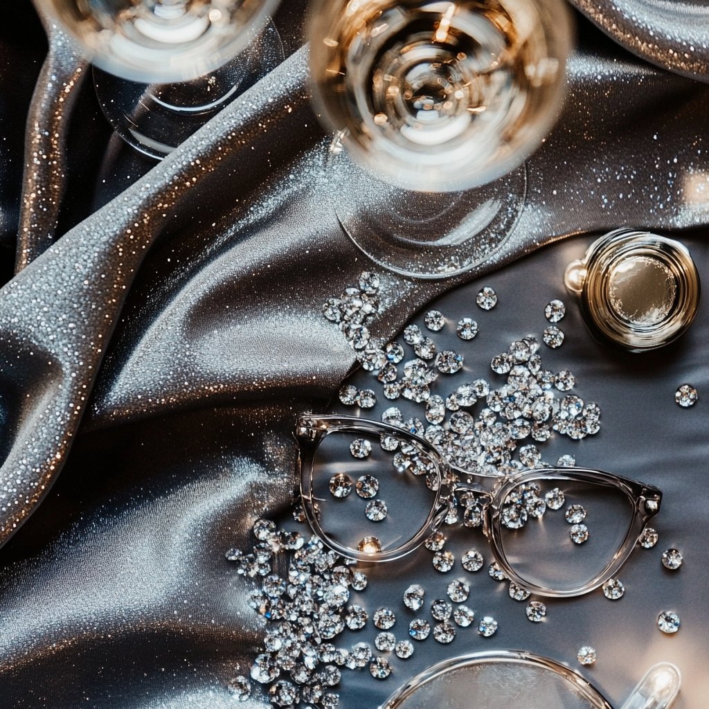 Glasses on silver table with rhinestones, minimal setting