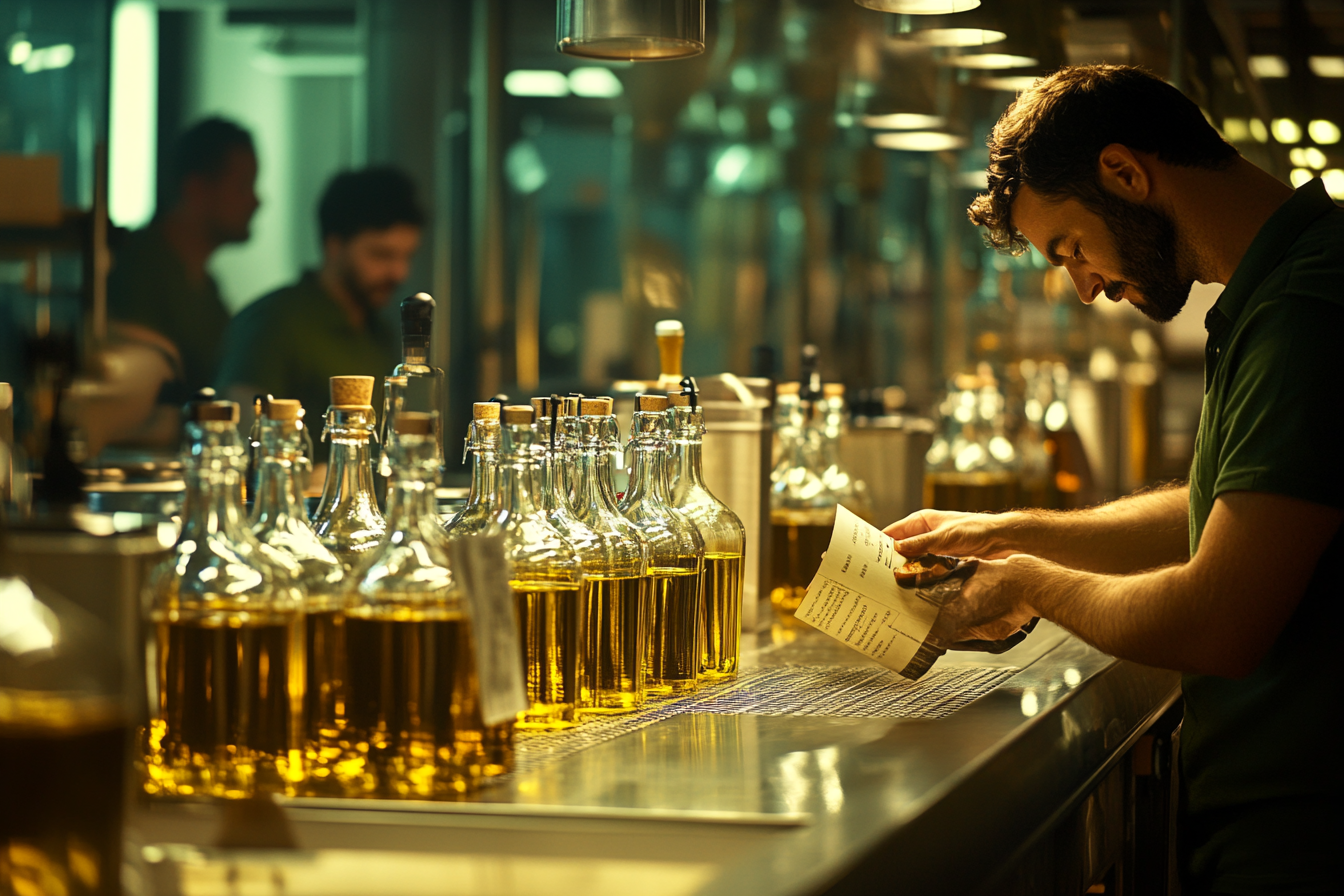 Gleaming olive oil bottling line with male workers