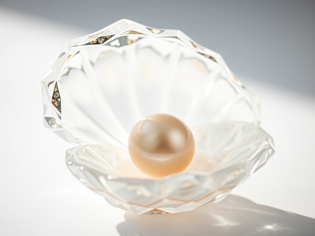 Glimmering pearl in crystal shell, surrounded by ethereal glow.