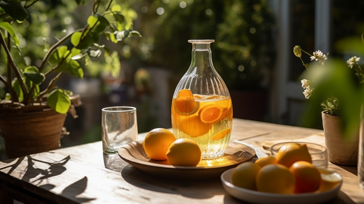 Glistening glass carafe on rustic garden table with fruits.