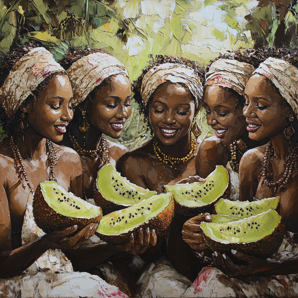 Glistening painting of ancient African women eating soursop fruit.