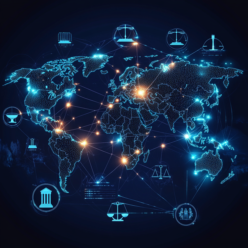 Global Legal Network with Iconic Legal Services Symbols