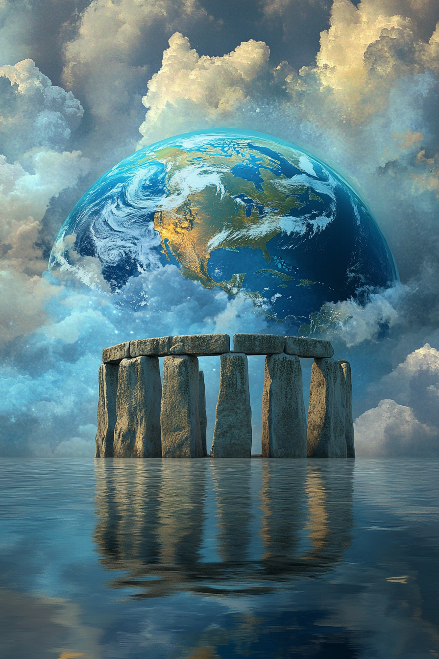 Globe, Stonehenge, blue clouds, gold trim, dreamy atmosphere, water.