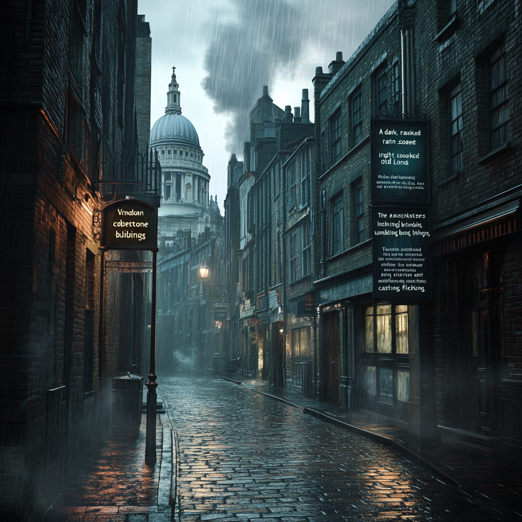 Gloomy London street with eerie symbols and dim lighting.