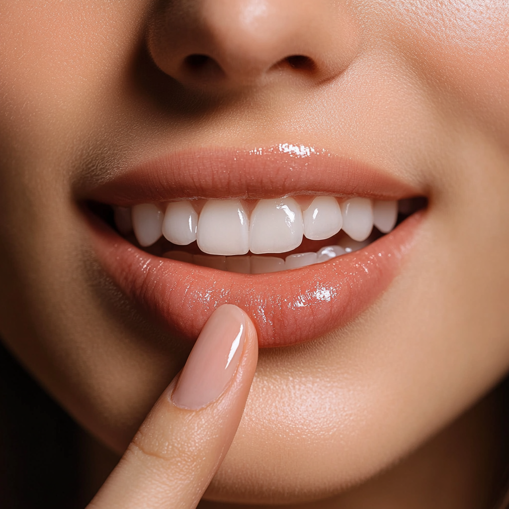 Glossy Lips with White Teeth Close-Up 