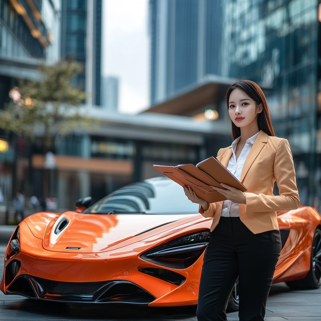 Glossy Supercar in Urban Business District with Salesperson