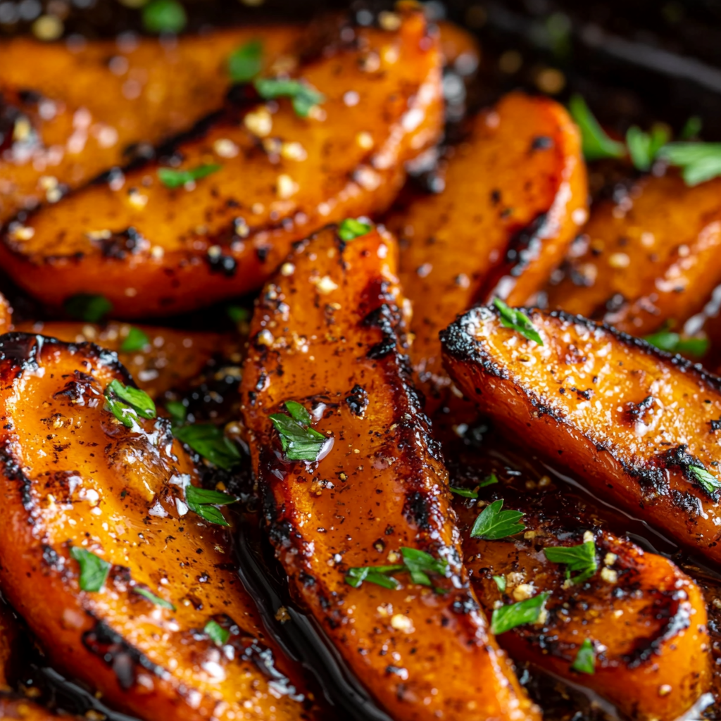 Glossy honey garlic carrots with herbs and seasoning