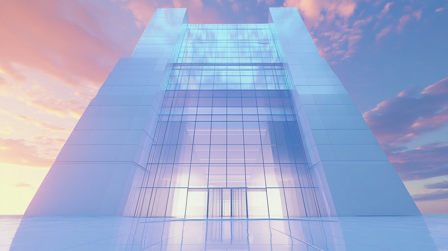 Glossy white building with high lobby at dawn