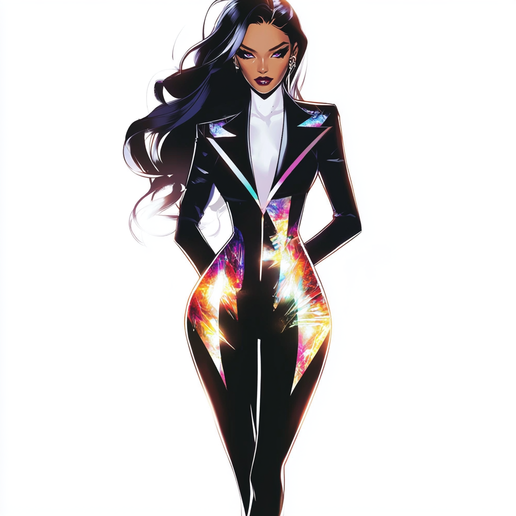 Glowing, colorful evil woman in expensive black suit dress.