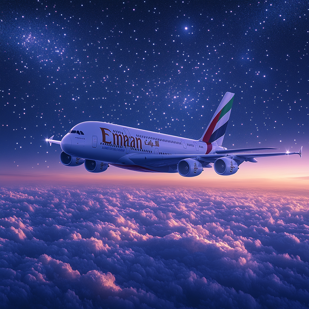 Glowing Emirates Plane Soaring Through Starry Night Sky