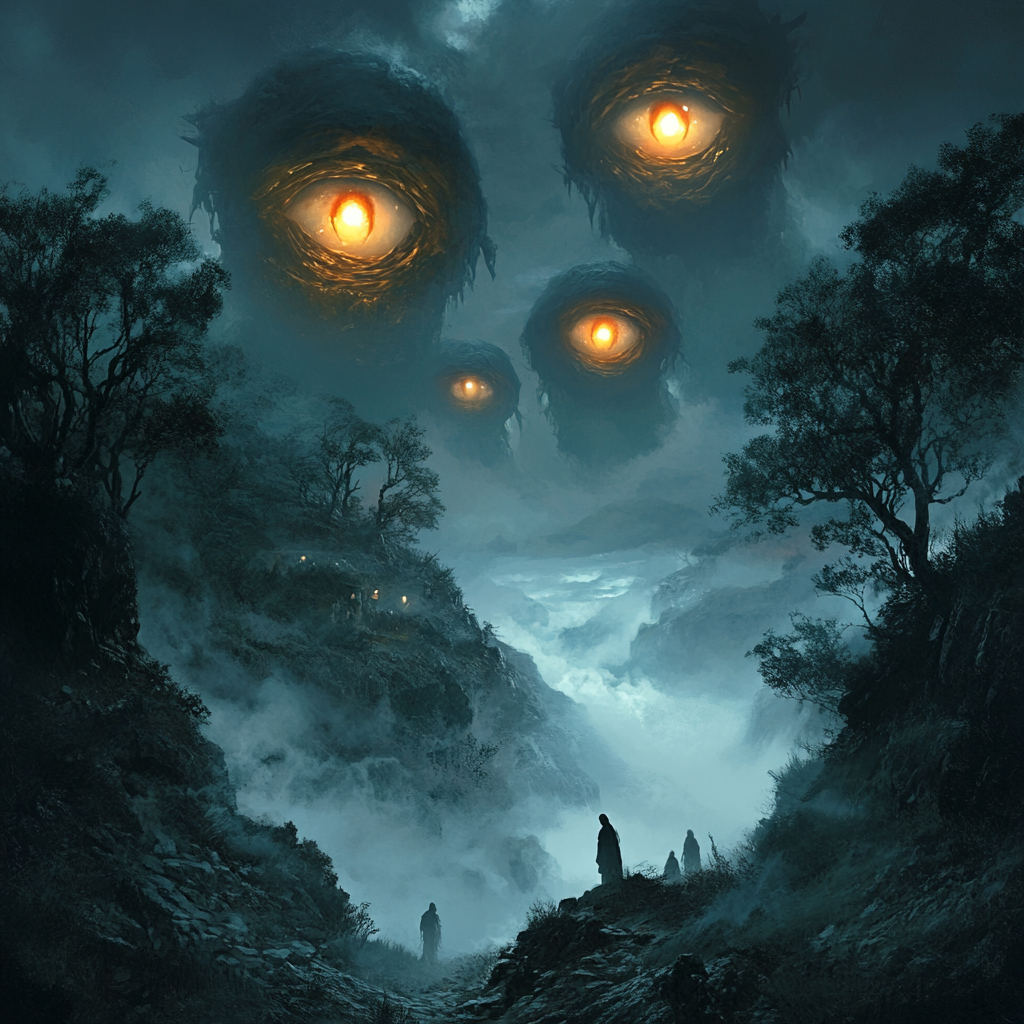 Glowing Eyes Watch Over Ghostly Spirits in Twilight Valley.